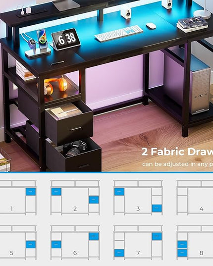 GreenForest Computer Desk with 2 Drawers and Power Outlets,50 Inch Office Desk with 2 Monitor Stands and Fabric File Cabinet, Reversible Gaming table with Led Lights and Shelves, Work Desk, Black - LeafyLoom