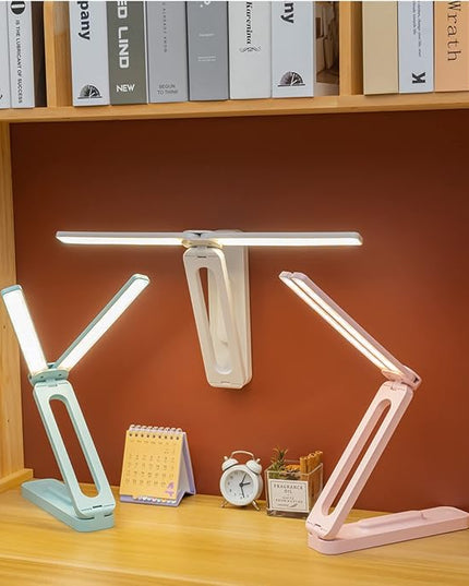Double Head Desk Lamp with Large Lighting Range, Mini Lamp for Small Spaces,Rechargeable Foldable and Portable Desk Lamp with USB-C Cable for Travelling,Small Desk Lamp for College Dorm Room,Pink - LeafyLoom