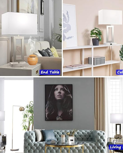 22'' Lamps for Bedrooms Set of 2, Touch Control Table Lamps with 2 USB Ports, 3-Way Dimmable Bedside Nightstand Lamps, Brushed Nickel &White Lamp for End Table Living Room Modern Contemporary - LeafyLoom
