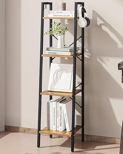 Ladder Shelf, Bookshelf Bookcase, Freestanding Corner Storage Shelve with 2 Hooks for Home Office, Living Room, Kitchen, Bedroom, Industrial, 4-Tier Rustic Brown BC13201B - LeafyLoom