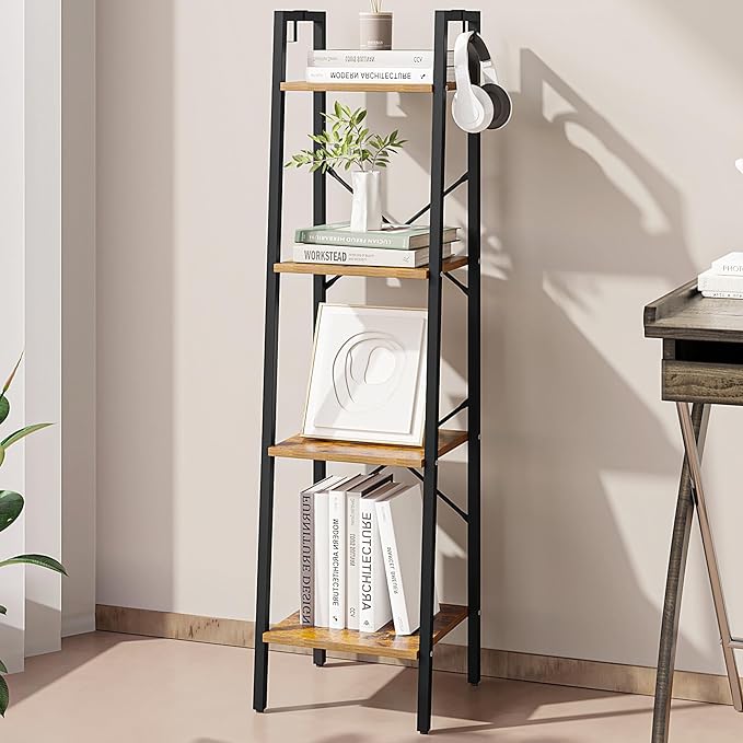 Ladder Shelf, Bookshelf Bookcase, Freestanding Corner Storage Shelve with 2 Hooks for Home Office, Living Room, Kitchen, Bedroom, Industrial, 4-Tier Rustic Brown BC13201B - LeafyLoom
