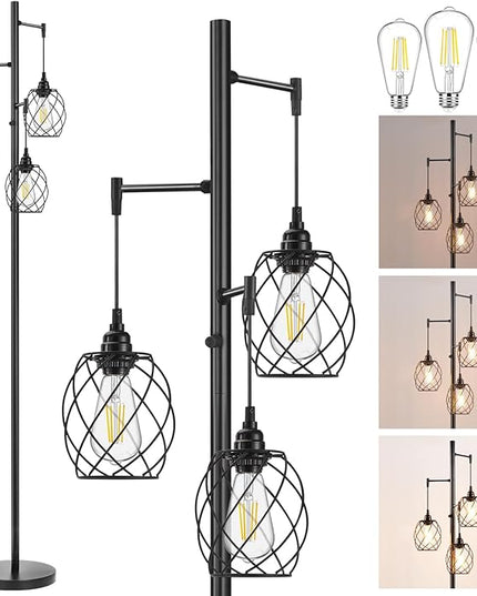 70" Dimmable Floor Lamp for Living Room, Industrial 3-light Tree Floor Lamp Black with Cages, Farmhouse Rustic Tall Standing Lamp Floor Lighting for Bedroom Office, LED Edison Bulbs - LeafyLoom