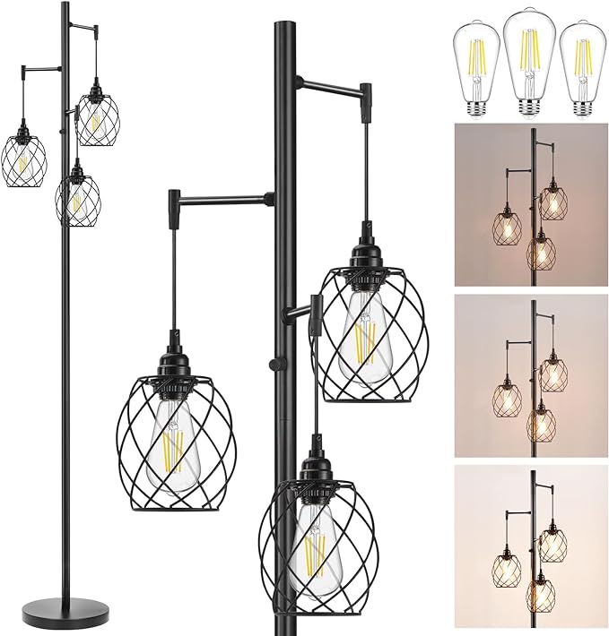70" Dimmable Floor Lamp for Living Room, Industrial 3-light Tree Floor Lamp Black with Cages, Farmhouse Rustic Tall Standing Lamp Floor Lighting for Bedroom Office, LED Edison Bulbs - LeafyLoom