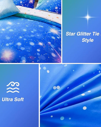 A Nice Night 6Pcs Gradient Glitter Bedding Set for Girls, Colorful Rainbow Galaxy Comforter Set, Ultra Soft Bedding Sets (Blue-Green,Queen 6Pcs) - LeafyLoom