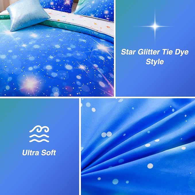 A Nice Night 6Pcs Gradient Glitter Bedding Set for Girls, Colorful Rainbow Galaxy Comforter Set, Ultra Soft Bedding Sets (Blue-Green,Twin 6Pcs) - LeafyLoom