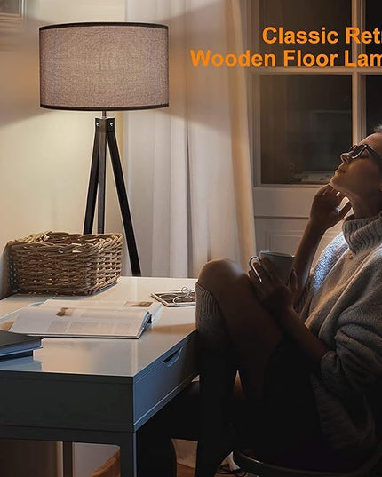 LEPOWER Wood Tripod Floor Lamp, Mid Century Standing Lamp, Modern Design Standing Lamp for Living Room, Bedroom, Study Room and Office, Flaxen Lamp Shade with E26 Lamp Base（Black） - LeafyLoom