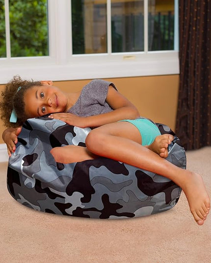 Posh Creations Bean Bag Chair for Kids, Teens, and Adults Includes Removable and Machine Washable Cover, Soft Nylon - Camo Gray and White, 27in - Medium - LeafyLoom