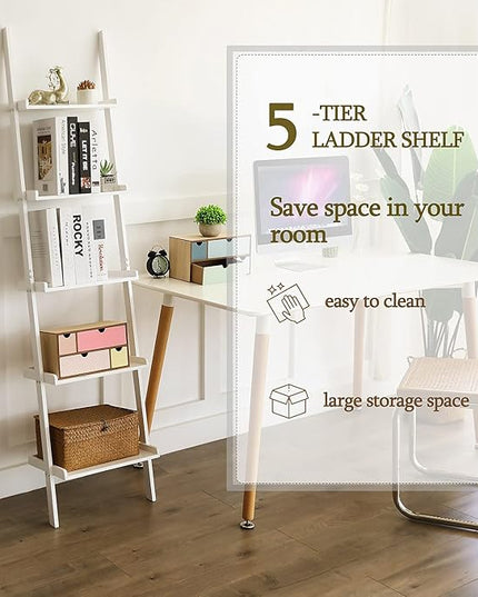 HYNAWIN Ladder Shelf 5-Tier Bookshelf –Bamboo Storage Rack Shelves Wall Leaning Shelf,White Freestanding Plant Flower Stand, Corner Display Bookcase - LeafyLoom