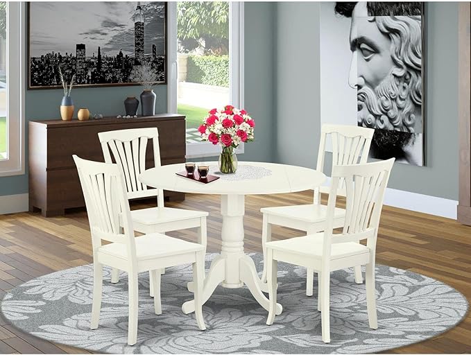 East West Furniture DLAV5-LWH-W 5 Piece Dining Set Includes a Round Dining Room Table with Dropleaf and 4 Wood Seat Chairs, 42x42 Inch, Linen White - LeafyLoom