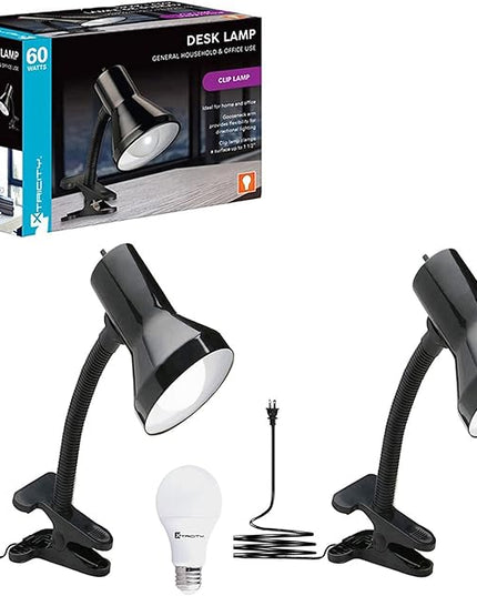 Xtricity Desk Lamps with Clamp Base - Adjustable Gooseneck -Clip on for Desk or Bed - Bulb Included, 120 Volt, On/Off Switch, 10.25 Inches Tall (26cm), Black - LeafyLoom