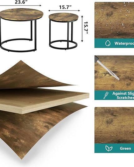 Nesting Coffee Table Set of 2, 23.6" Round Coffee Table Rustic Wood Top with Adjustable Non-Slip Feet, Industrial End Table Side Tables for Living Room Bedroom Balcony Yard - LeafyLoom