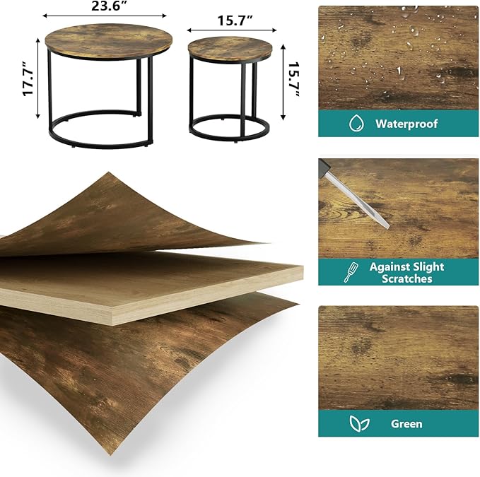 Nesting Coffee Table Set of 2, 23.6" Round Coffee Table Rustic Wood Top with Adjustable Non-Slip Feet, Industrial End Table Side Tables for Living Room Bedroom Balcony Yard - LeafyLoom