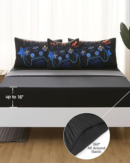 6Pcs Game Console Comforter Set with Sheets for Boys Girls Kids Teens, Geometric Gaming Themed Bed in A Bag Full Size, 3D Video Gamer Controller Bedroom Decor Bedding Set(Blue) - LeafyLoom
