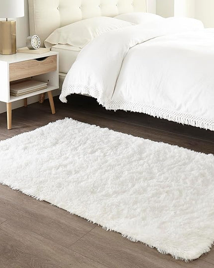 Ophanie Machine Washable 3 x 5 Feet White Rugs for Bedroom Fluffy, Shaggy Bedside Floor Dorm Area Rug, Soft Fuzzy Non-Slip Indoor Room Carpet for Kids Boys Girls Teen Home Decor Aesthetic, Nursery - LeafyLoom