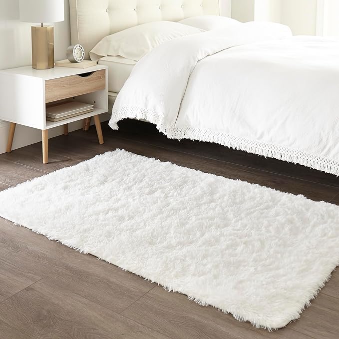 Ophanie Machine Washable 3 x 5 Feet White Rugs for Bedroom Fluffy, Shaggy Bedside Floor Dorm Area Rug, Soft Fuzzy Non-Slip Indoor Room Carpet for Kids Boys Girls Teen Home Decor Aesthetic, Nursery - LeafyLoom