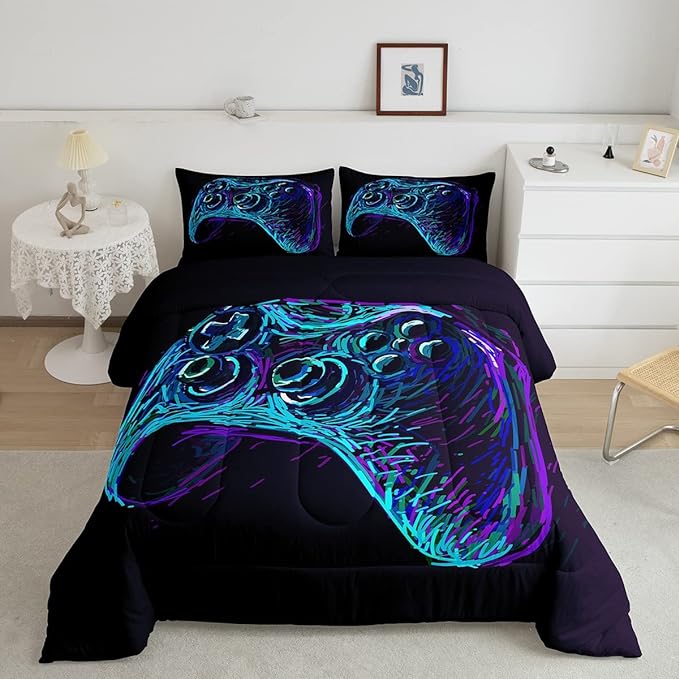 Gamer Comforter Set for Boys Teens Blue and Black Gaming Bedding Set Video Game Bedding Home Decor for Kids Comforter Queen Size 3 Pieces Gamepad Quilted Duvet Set 1 Comforter with 2 Pillowcases - LeafyLoom