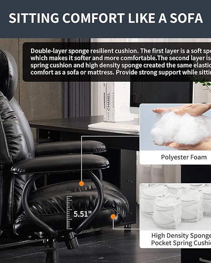 Office Chair Big and Tall, Ergonomic Office Chair 400lbs, Office Desk Chair with Ottoman, High Back Executive Office Chair, Adjustable Home Office Chair, Computer Chair PU Leather (Black) - LeafyLoom