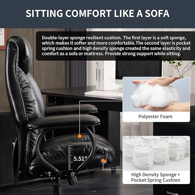 Office Chair Big and Tall, Ergonomic Office Chair 400lbs, Office Desk Chair with Ottoman, High Back Executive Office Chair, Adjustable Home Office Chair, Computer Chair PU Leather (Black) - LeafyLoom