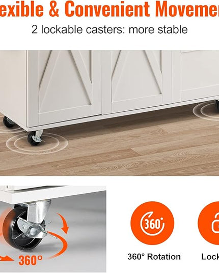 VEVOR Kitchen Island Cart with Solid Wood Top, 35.4" Width Mobile Carts with Storage Cabinet, Rolling Kitchen Table with Spice Rack, Towel Rack, Drop Leaf and Drawer, Portable Islands on Wheels, White - LeafyLoom