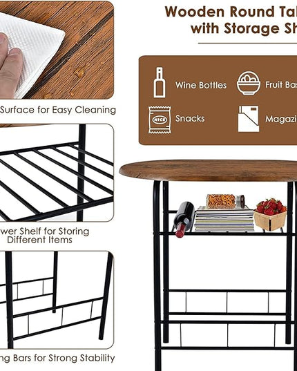 FANTASK 3 Piece Dining Table Set, Compact Table and 2 Chairs Set, w/Metal Frame and Storage Shelf, Breakfast Table Set for Apartment Kitchen Dining Room Cafe (Black & Brown) - LeafyLoom