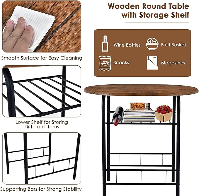 FANTASK 3 Piece Dining Table Set, Compact Table and 2 Chairs Set, w/Metal Frame and Storage Shelf, Breakfast Table Set for Apartment Kitchen Dining Room Cafe (Black & Brown) - LeafyLoom