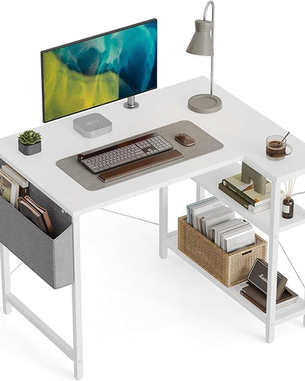 CubiCubi Small L Shaped Computer Desk with Storage Shelves, 40 Inch Home Office Small Corner Desk Study Writing Table, White - LeafyLoom