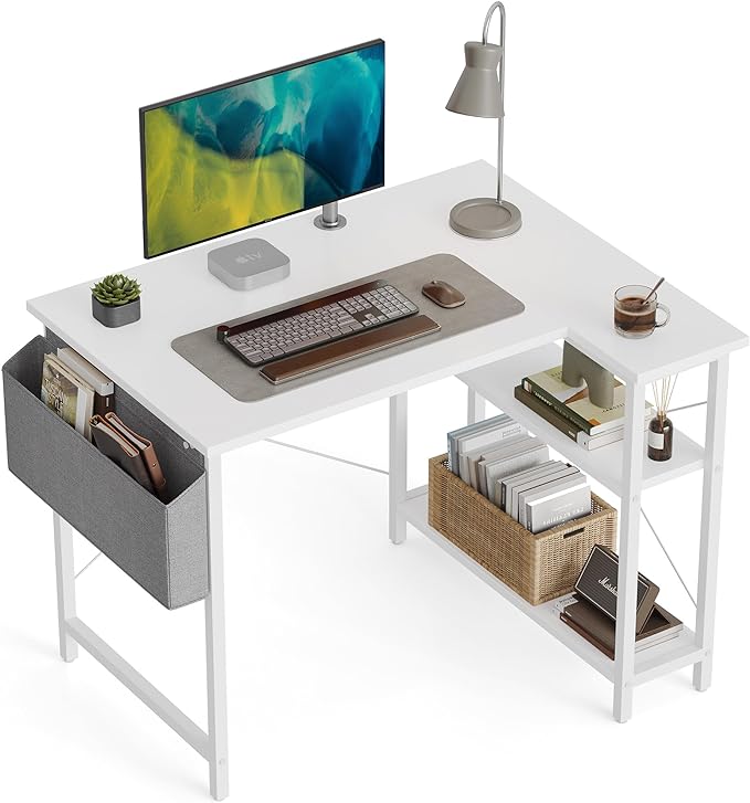 CubiCubi Small L Shaped Computer Desk with Storage Shelves, 40 Inch Home Office Small Corner Desk Study Writing Table, White - LeafyLoom