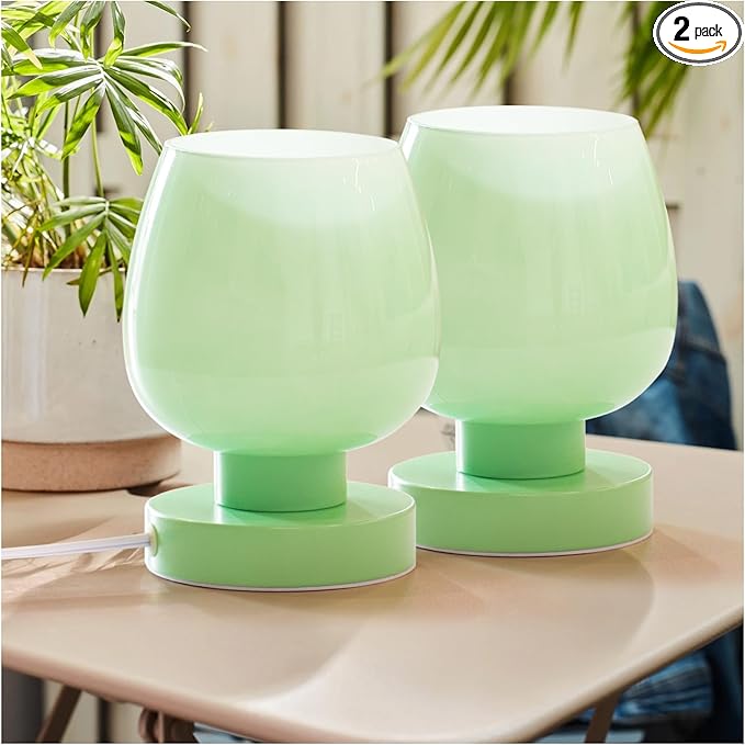 Touch Bedside Table Lamp Set of 2 - Small Modern Table Lamp for Bedroom Living Room Nightstand, 3-Way Dimable Desk lamp with Light Pink Glass Lamp Shade, 2700K LED Bulb, Simple Design Green - LeafyLoom