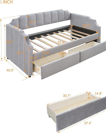 Twin Size Velvet Upholstered Daybed with Drawers, Solid Wood Bed w/Vertical Stripes Designed Backrest and Pine Legs, for Living Room, Bedroom, Dorm, No Box Spring Needed - LeafyLoom