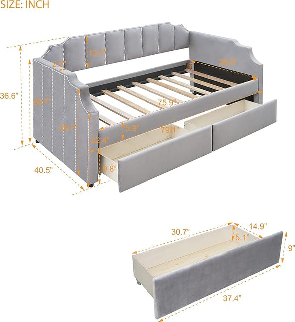 Twin Size Velvet Upholstered Daybed with Drawers, Solid Wood Sofa Bed w/Vertical Stripes Designed Backrest and Pine Legs, for Living Room, Bedroom, Dorm, No Box Spring Needed, Gray - LeafyLoom