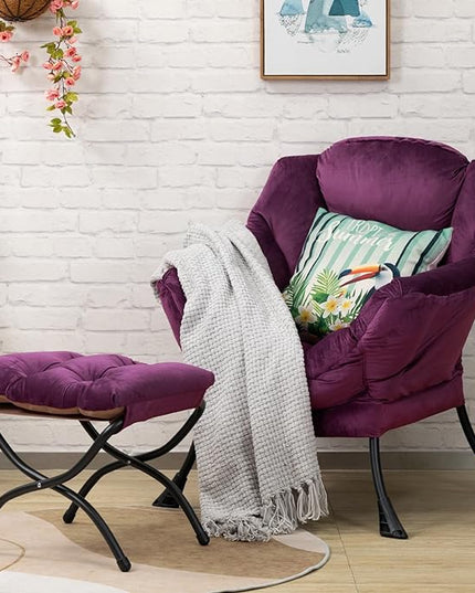 HollyHOME Fabric Lazy Chair with Foldable Ottoman, Accent Comfy Lounge Arm Chair and Folding Footrest Stool Set, Leisure Sofa Reading Chair and Footstool for Living Room, Bedroom, Dorm, Deep Purple - LeafyLoom