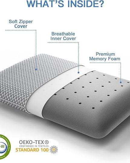 BedStory Memory Foam Pillow Medium Firm - Standard Size Memory Foam Bed Pillow - Orthopedic Pillows for Sleeping - Stomach & Back Sleepers - LeafyLoom