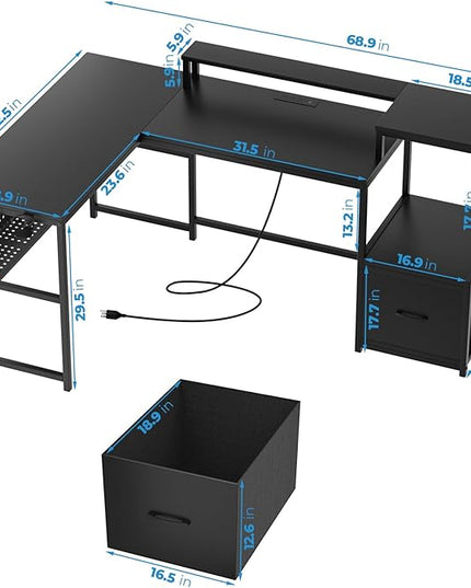 GreenForest 69 inch L Shaped Computer Desk with Drawers and Printer Stand, Gaming Desk with Power Outlet, Monitor Shelf, Storage Shelves and Hooks for Home Office Working, Writing, Studying, Black - LeafyLoom