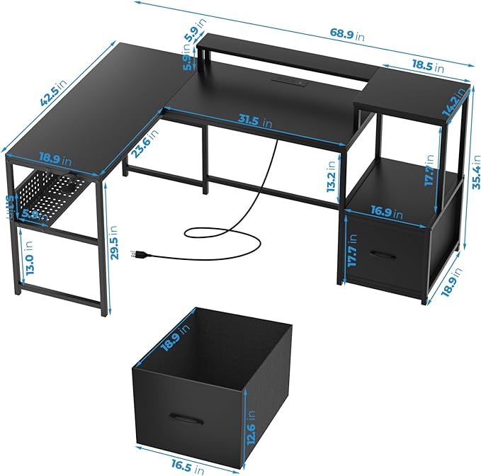 GreenForest 69 inch L Shaped Computer Desk with Drawers and Printer Stand, Gaming Desk with Power Outlet, Monitor Shelf, Storage Shelves and Hooks for Home Office Working, Writing, Studying, Black - LeafyLoom