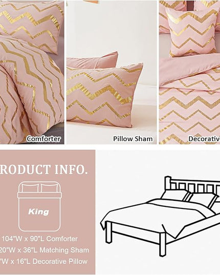 Pink Comforter Set King Size, Metallic Blush and Rose Gold Bedding Set, 4 Piece Lightweight Microfiber Comforter for Teen Girls Women (2 Pillow Shams + 1 Decorative Pillow Sham) - LeafyLoom