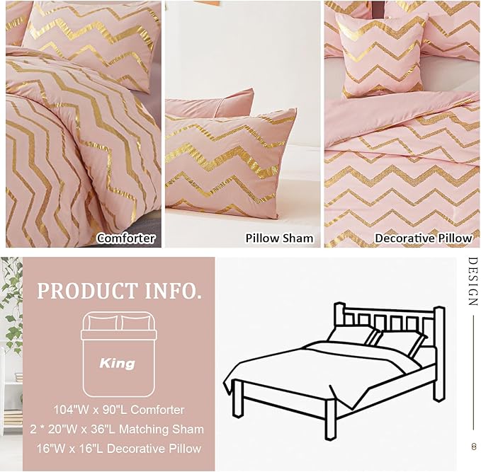 Pink Comforter Set King Size, Metallic Blush and Rose Gold Bedding Set, 4 Piece Lightweight Microfiber Comforter for Teen Girls Women (2 Pillow Shams + 1 Decorative Pillow Sham) - LeafyLoom
