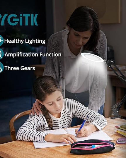 8X Lighted Magnifying Glass Lamp, Adjustable Magnifying Glass with Light Clamp Swivel Arm LED 3 Color Modes,10 Brightness Levels, Hands Free Magnifier for Hobby Close Work, Repair, Reading - LeafyLoom