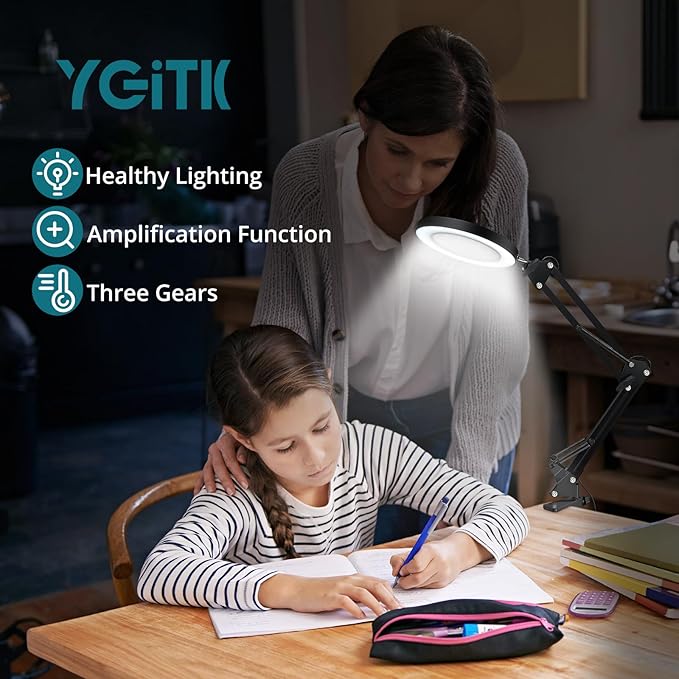 8X Lighted Magnifying Glass Lamp, Adjustable Magnifying Glass with Light Clamp Swivel Arm LED 3 Color Modes,10 Brightness Levels, Hands Free Magnifier for Hobby Close Work, Repair, Reading - LeafyLoom