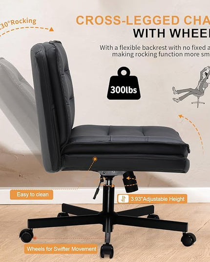 COMHOMA Criss Cross Chair with Wheels, Armless Wide Cross Legged Office Chair Mid Back, Modern Home Office Desk Chair Swivel Adjustable Vanity Computer Chair, Black - LeafyLoom