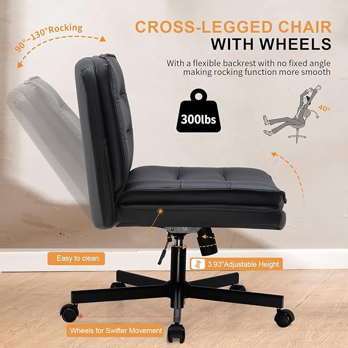COMHOMA Criss Cross Chair with Wheels, Armless Wide Cross Legged Office Chair Mid Back, Modern Home Office Desk Chair Swivel Adjustable Vanity Computer Chair, Black - LeafyLoom