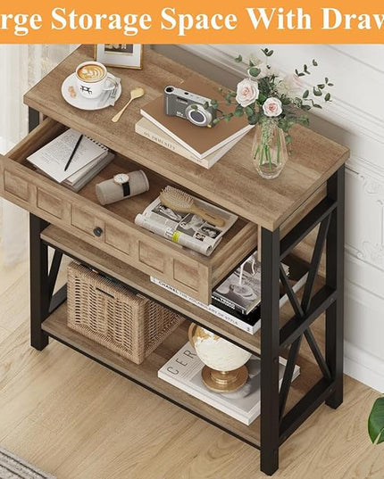 FATORRI Rustic Bookshelf with Drawer, Industrial Wood and Metal Bookcase, Small Book Shelf and Low Book case for Small Space (Rustic Oak) - LeafyLoom