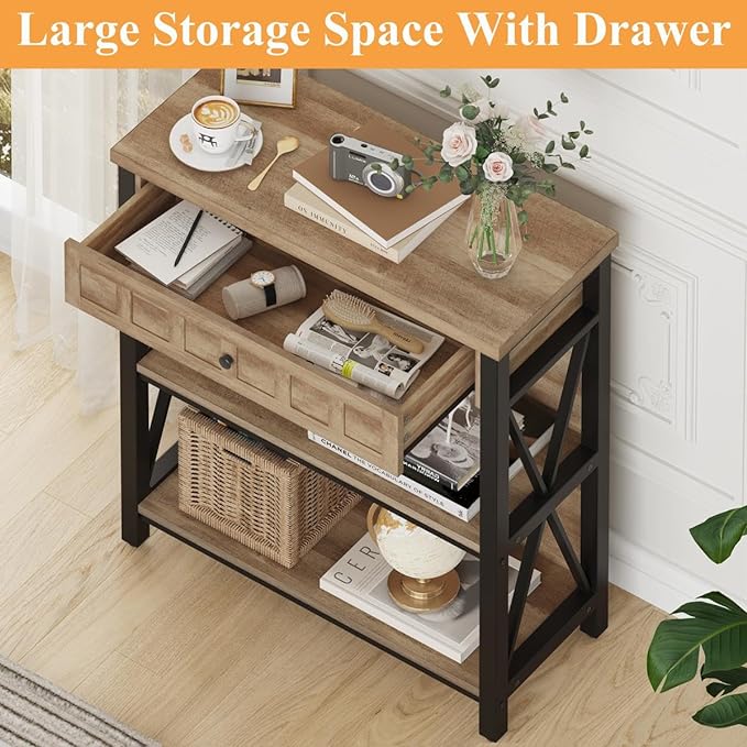 FATORRI Rustic Bookshelf with Drawer, Industrial Wood and Metal Bookcase, Small Book Shelf and Low Book case for Small Space (Rustic Oak) - LeafyLoom