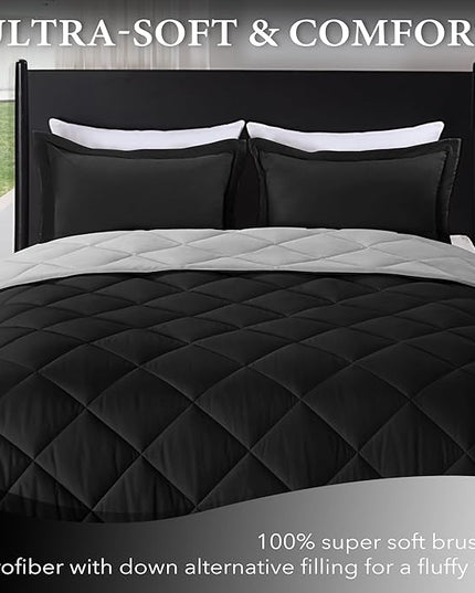 downluxe King Size Comforter Set - Black and Grey King Comforter, Soft Bedding Sets for All Seasons -3 Pieces - 1 Comforter (104"x92") and 2 Pillow Shams(20"x36") - LeafyLoom