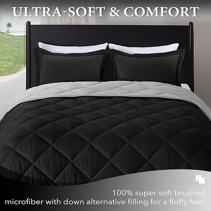 downluxe King Size Comforter Set - Black and Grey King Comforter, Soft Bedding Sets for All Seasons -3 Pieces - 1 Comforter (104"x92") and 2 Pillow Shams(20"x36") - LeafyLoom