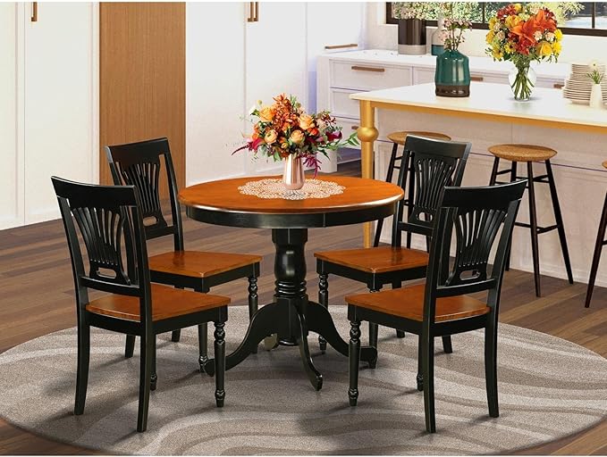 East West Furniture ANPL5-BLK-W 5 Piece Kitchen Set Includes a Round Dining Room Table with Pedestal and 4 Solid Wood Seat Chairs, 36x36 Inch, Black & Cherry - LeafyLoom