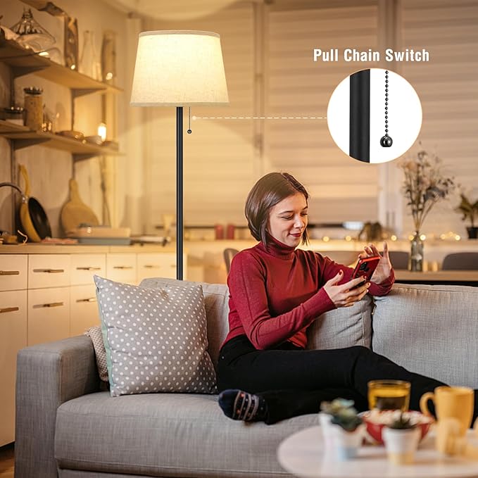 Floor Lamps for Living Room - 3 Color Temp(3000/4000/5000K) Standing Lamp with Pull Chain Switch, Black Floor Lamp with Lampshade, Modern Tall Light for Bedroom Office(9W Bulb Included) - LeafyLoom