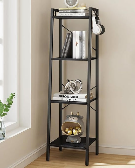 Ladder Shelf, Bookshelf Bookcase, Freestanding Corner Storage Shelve with 2 Hooks for Home Office, Living Room, Kitchen, Bedroom, Industrial, 4-Tier Black BC13204B - LeafyLoom