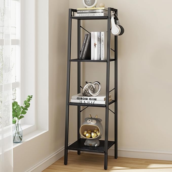Ladder Shelf, Bookshelf Bookcase, Freestanding Corner Storage Shelve with 2 Hooks for Home Office, Living Room, Kitchen, Bedroom, Industrial, 4-Tier Black BC13204B - LeafyLoom