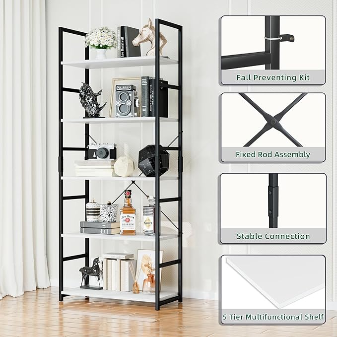 OTK 5 Tier Bookshelf, Tall Bookcase, Office Shelf Storage Organizer, Modern Book Shelf for Living Room, Bedroom, and Home Office, White - LeafyLoom