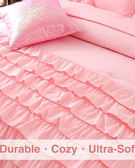 A Nice Night Waterfall Flutter Ruffle Comforter Set,Ruffled Textured Soft Chic Princess 6pcs Bedding Set,with Bling Shiny Sequin Throw Pillow Case,Pink,Queen - LeafyLoom